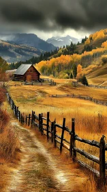 Storm-lit autumn valley with rustic cabin under brooding clouds
