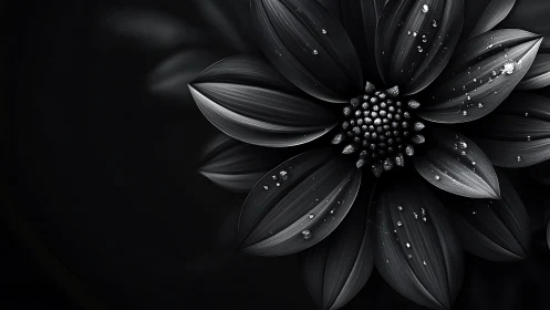 Monochromatic Dahlia with Crystalline Dewdrops Against Black Backdrop.
