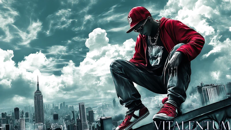 Skyline stoop king in crimson over storm-tinted cityscape.