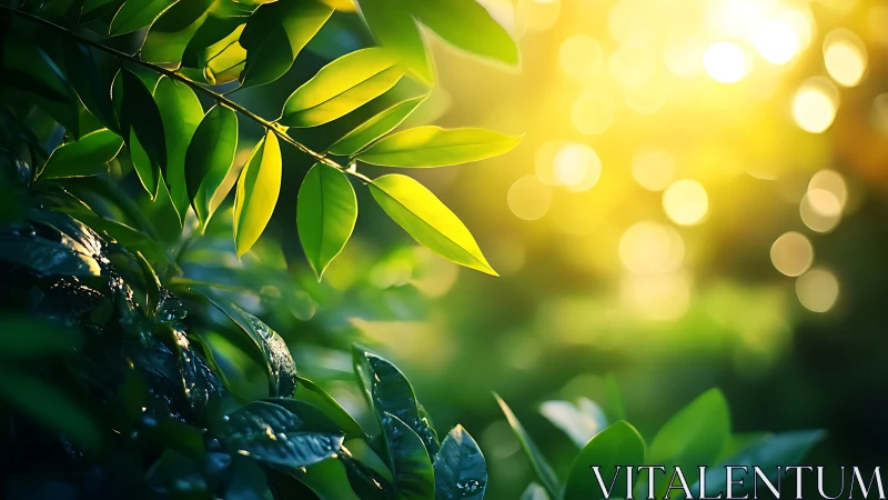 Sunlit green leaves with soft golden background bokeh.