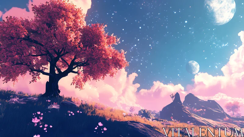 Celestial pink tree anchors a luminous dual-moon fantasy horizon