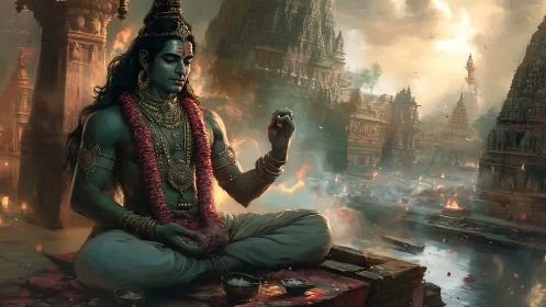 Meditative deity amid luminous temple riverscape at dusk.