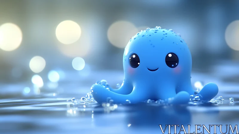 Bokeh-lit kawaii octopus rendered as glossy 3D water toy.