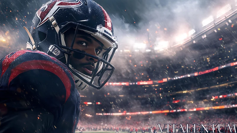 Gridiron quarterback under stadium lights in driving rain.