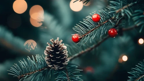 Evergreen needles cradle scarlet berries and a frosted cone