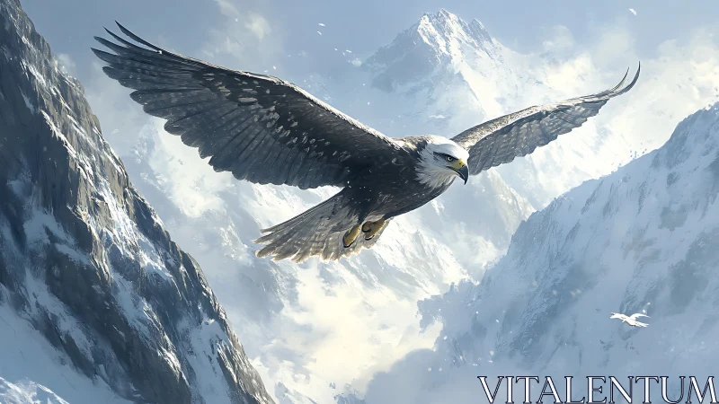 Majestic Bald Eagle Soaring Over Snowy Mountain Peaks, Realistic Art.