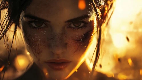 War-torn woman stares through firelit embers, eyes blazing.