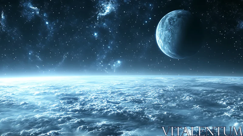 Frozen alien horizon stretches beneath distant icy planet.