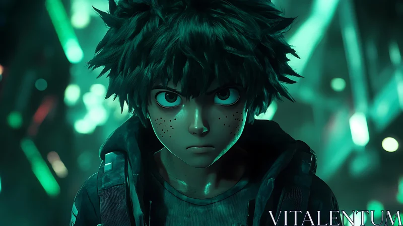 Brooding neon-haired hero in emerald stormlight focus.