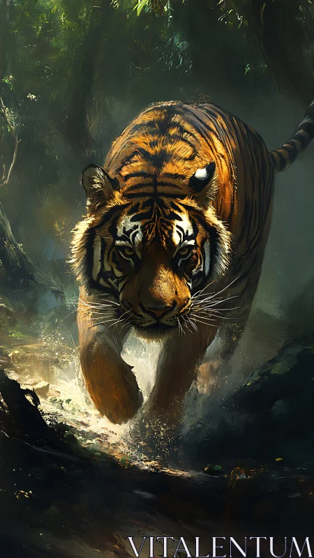 Powerful tiger charges through shadowed jungle stream.