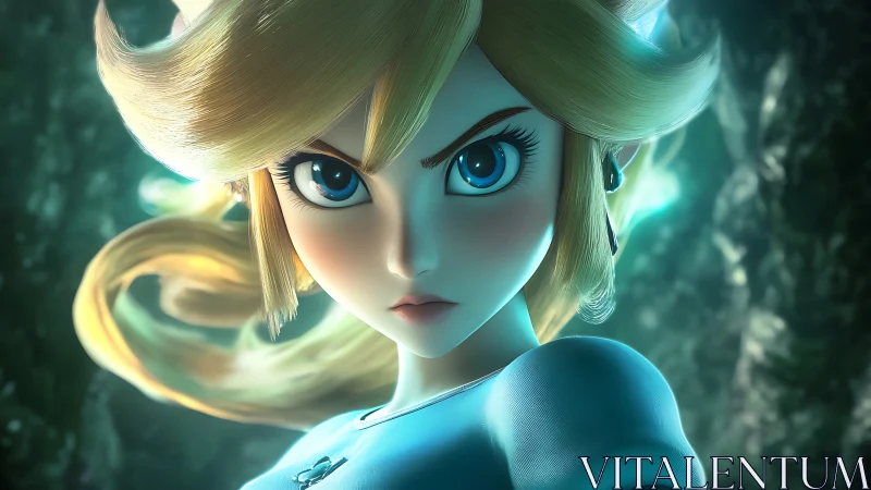 Determined blonde heroine glares ahead in glowing forest.