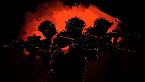Triad of tactical soldiers against crimson combat flare.