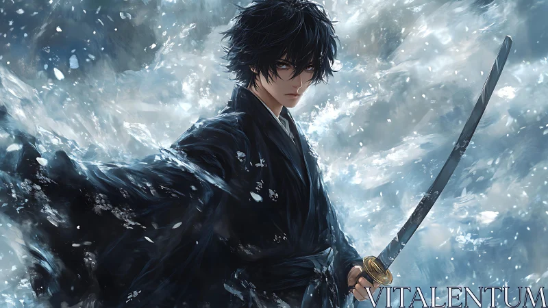 Stoic anime swordsman commands swirling winter storm.