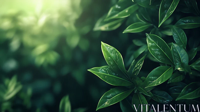 Sunlit green foliage glows softly in a tranquil garden