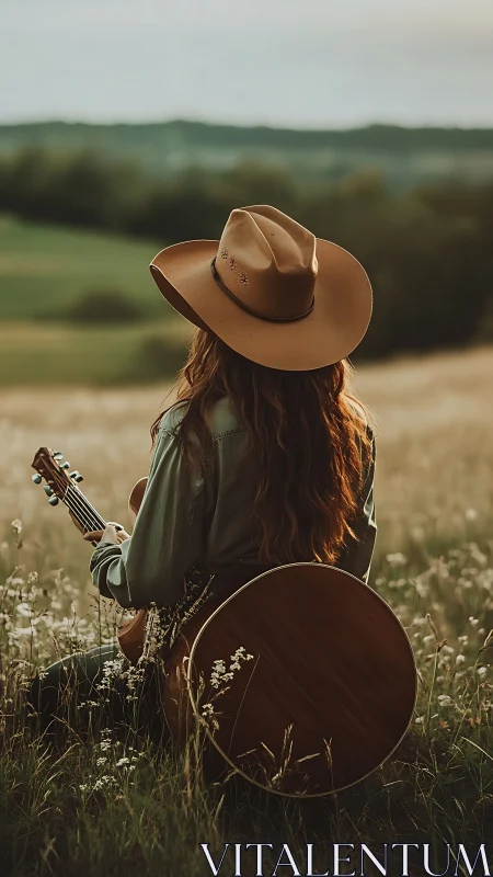 Cowgirl guitarist rests in golden meadow at sunset
