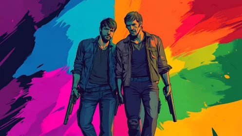 Armed duo walk forward against vivid abstract color burst