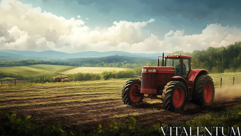 Red farm tractor plows rural field beneath rolling hills.