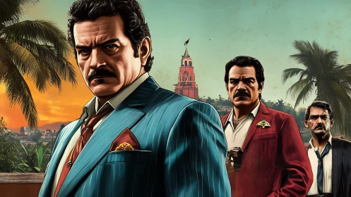 Three suited men in tropical cityscape at sunset. Period.