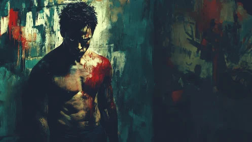 Brooding warrior stands in moody shadows and dripping color