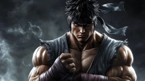 Muscular martial artist ready for combat in stormy scene.