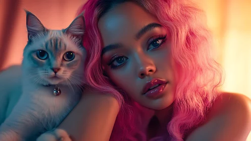 Woman with Vibrant Pink Hair Holding Her Charming Cat Close