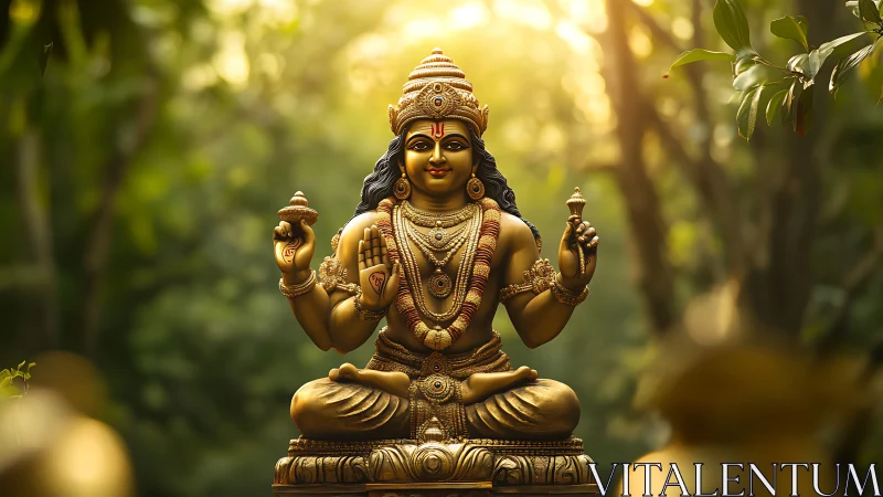 Sunlit forest crowns a serene golden Hindu deity in repose