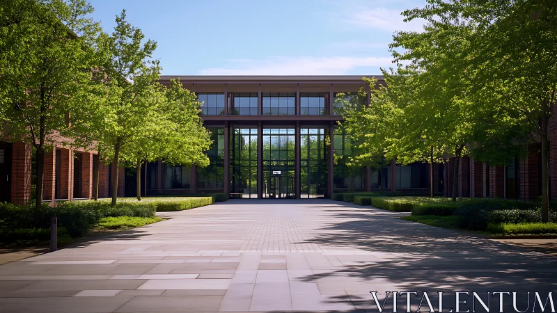 Modern campus courtyard framed by trees and glass facade.