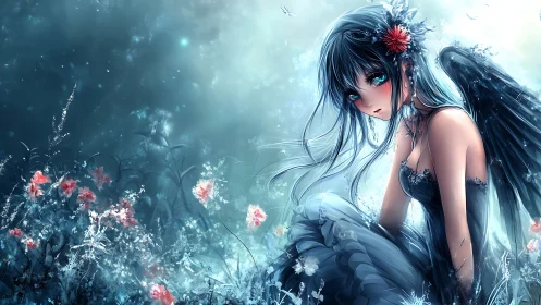 Dark winged anime girl in icy flower field at dawn.
