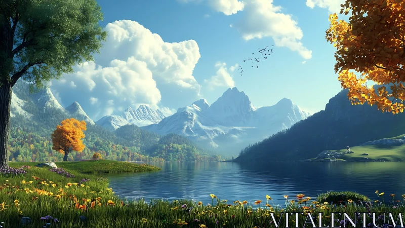 Serene alpine lake with autumn foliage and snow peaks.