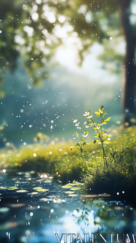 Gentle forest pond with glowing light and new green growth.