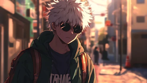 White haired teen in sunglasses walks through sunlit city street