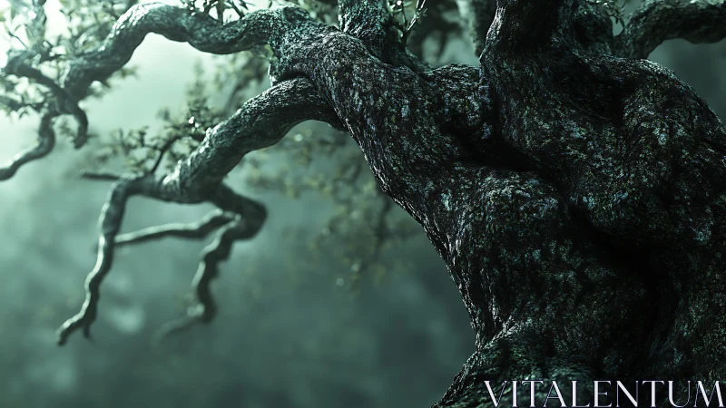 Gnarled tree trunk extends laterally into soft green haze