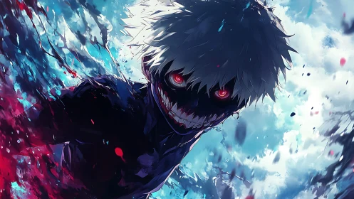 White-haired ghoul with glowing red eyes amid splashes.