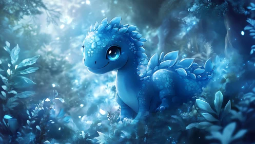 Blue baby dragon stands in glowing fantasy forest under light