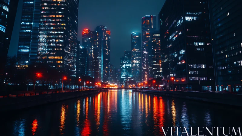 Neon riverscape mirrors a sleepless cyber city skyline.