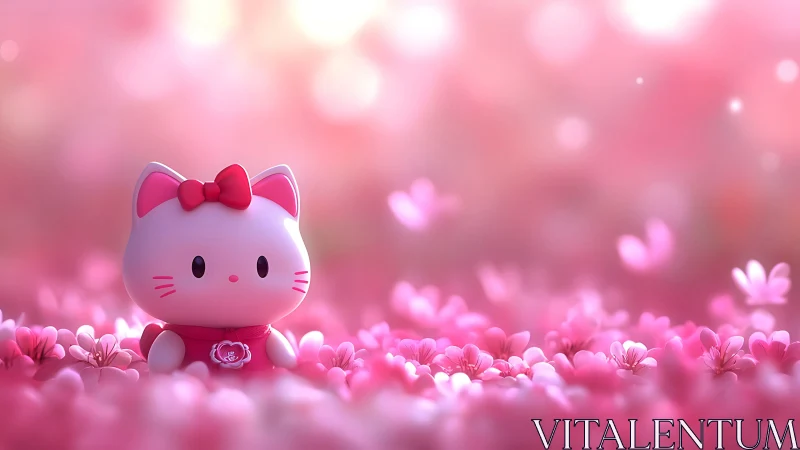 Chibi cat figurine rendered in soft-focus pink floral bokeh field