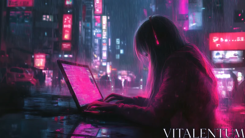 Neon-drenched cyberpunk coder in rainy urban interface haze.
