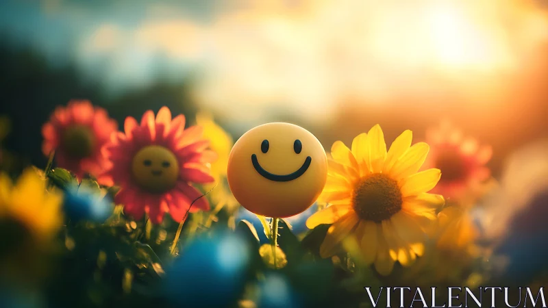 Smiley face sphere glows among sunlit summer flowers.