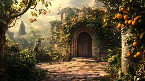 Sunlit stone courtyard with rustic wooden door and oranges.