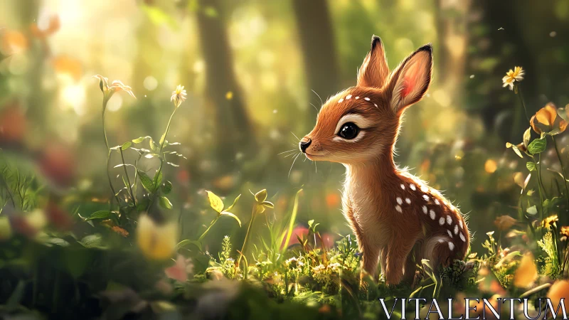 Gentle baby fawn resting in a golden, flower-filled forest.