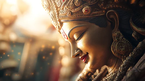 Golden goddess statue in warm light with ornate details.