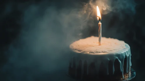 Solitary Birthday Candle on Frosted Cake.