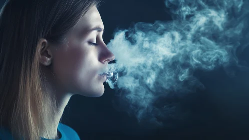 Quiet breath of vapor drifting into the deep blue night.