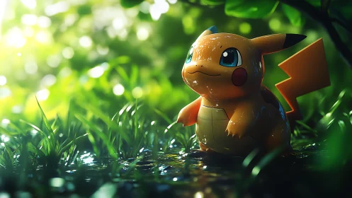 Digital render of Pikachu figure in wet forest clearing.
