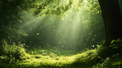 Sunlit Forest Clearing with Lush Greenery in Atmospheric Style.
