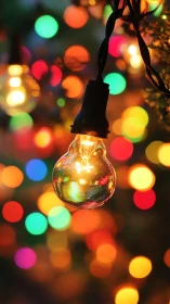 Single glowing bulb glimmers amid vibrant festive bokeh lights