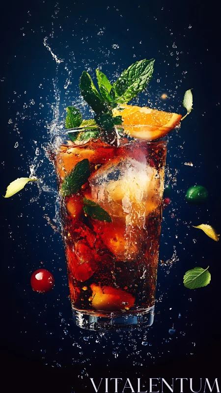 Dynamic Beverage Splash: Cocktail Against Midnight Blue Background.