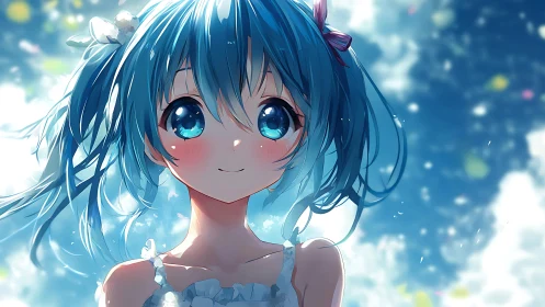 Bright blue haired girl in soft summer daylight glow.