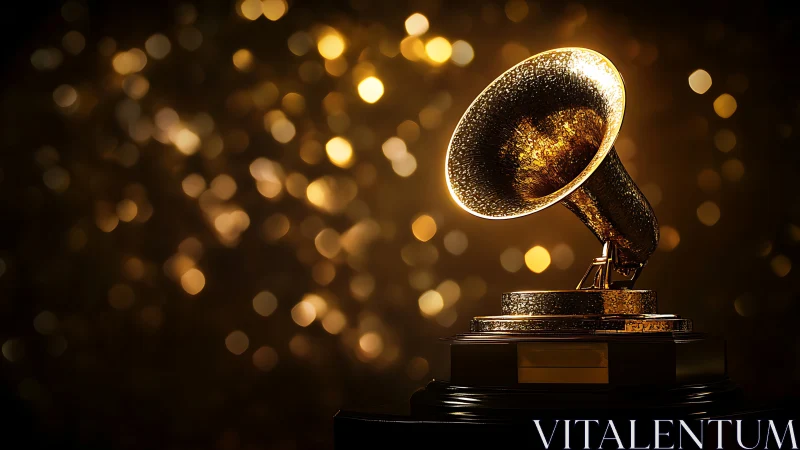 Gilded gramophone trophy basking in spotlighted golden haze.