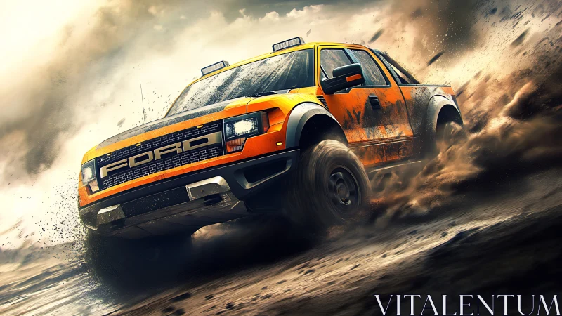 Roaring orange pickup truck kicks up mud in bold off road charge